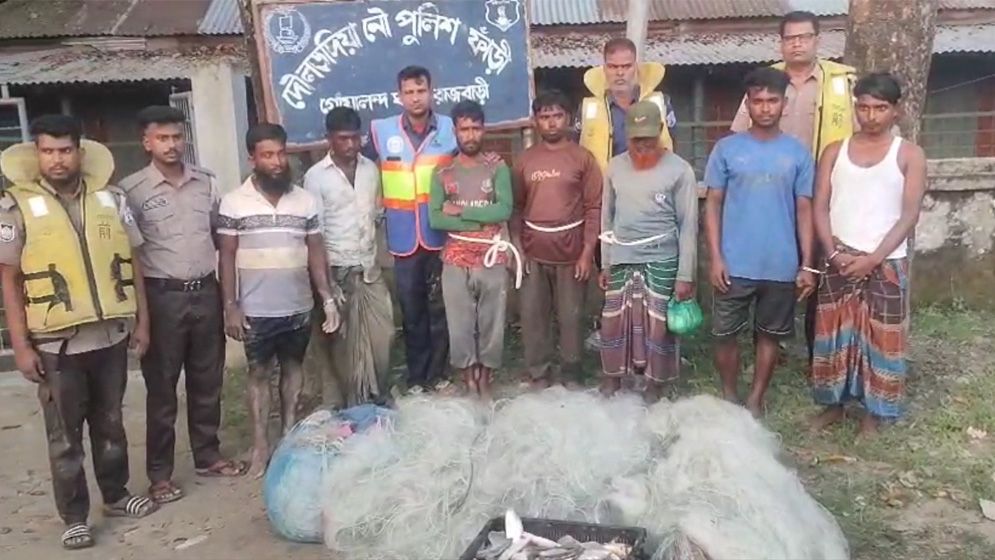 রাজবাড়ীতে নিষেধাজ্ঞা অমান্য করে পদ্মায় ইলিশ শিকার, আটক ৭